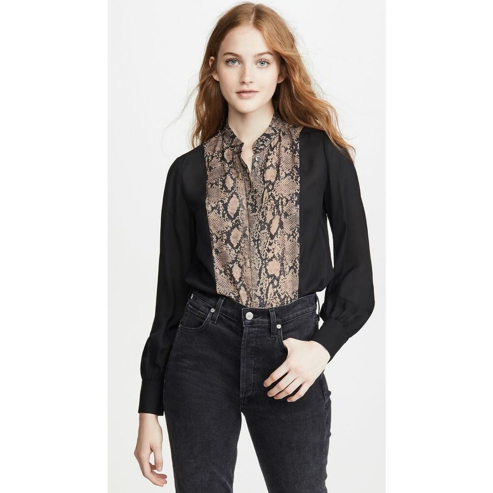 Frame Denim Womens Blouse S Colorblock Black Snake Silk Button Up Western NWT